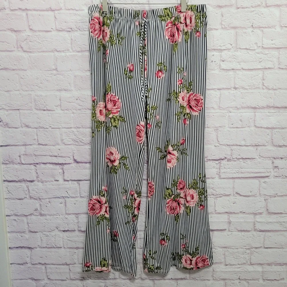 Wilde Floral Striped Wide Leg Pants 1X‎ Flowy Cottagecore Cozy Loungewear Hippie
